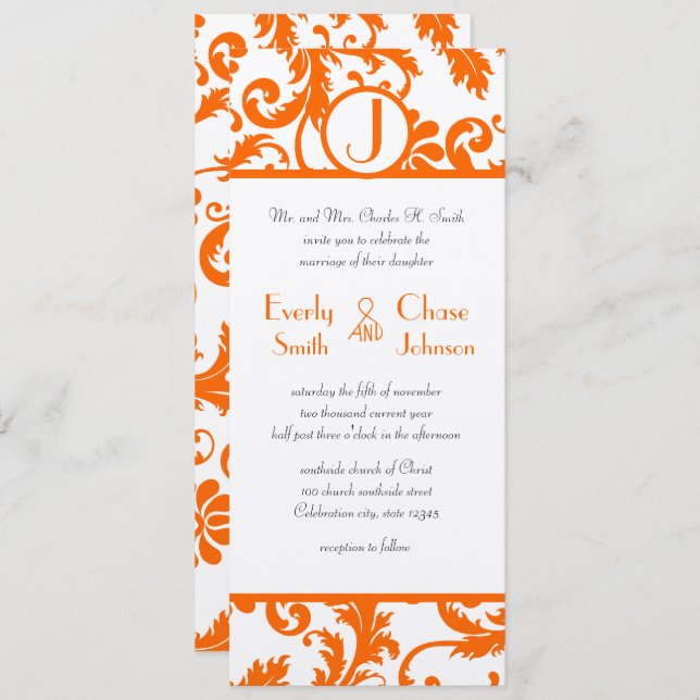Orange Damask Monogramme Faire-part de mariage (Devant / Derrière)