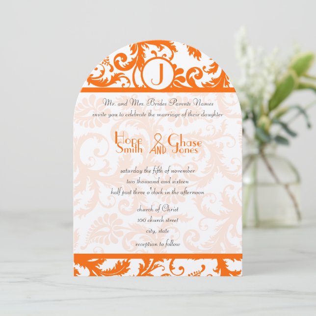 Orange Damask Monogramme Faire-part de mariage (Debout devant)