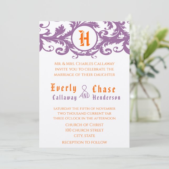 Orange Damask Monogramme Faire-part de mariage (Debout devant)