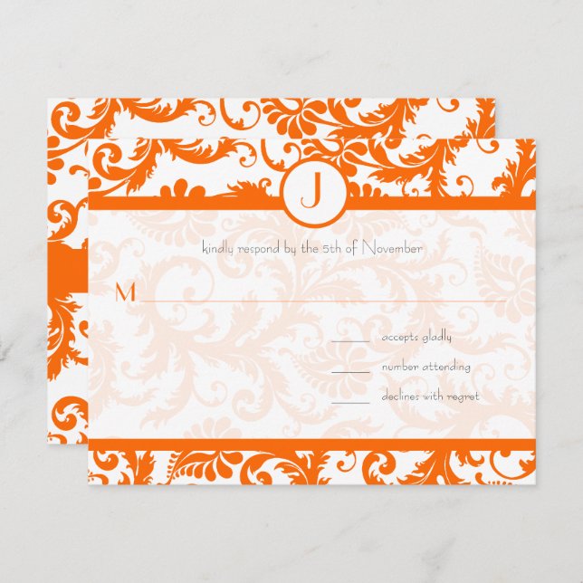 Orange Damask Monogramme Faire-part de mariage (Devant / Derrière)