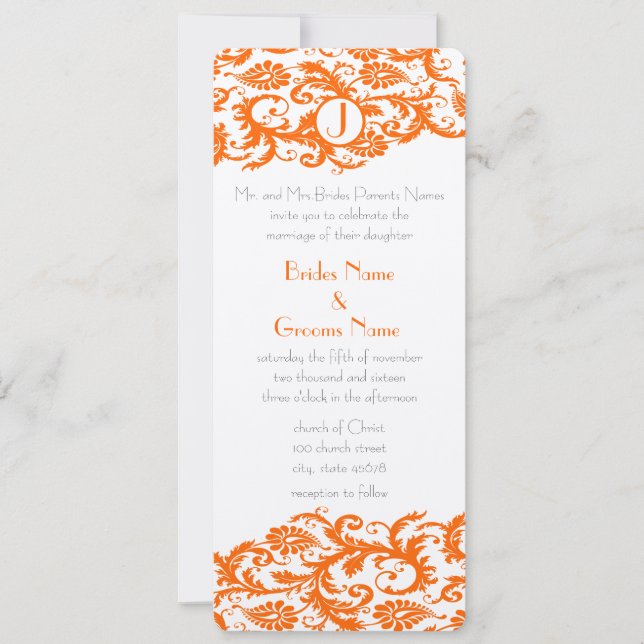 Orange Damask Monogramme Faire-part de mariage (Devant)