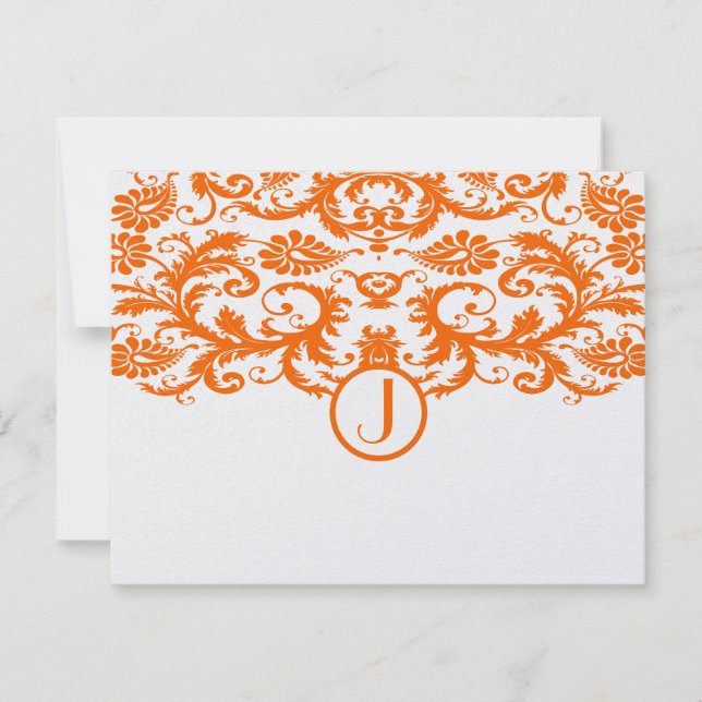Orange Damask Monogramme Mariage RSVP Cartes (Devant)