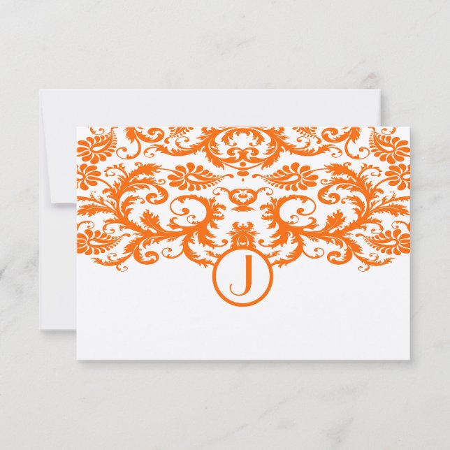 Orange Damask Monogramme Mariage RSVP Cartes (Devant)