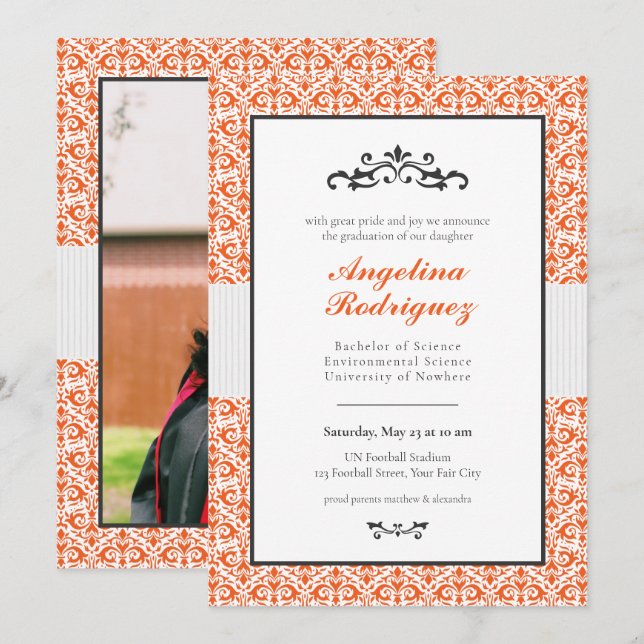 Orange Damask Pattern Photo Graduation Invitation (Devant / Derrière)