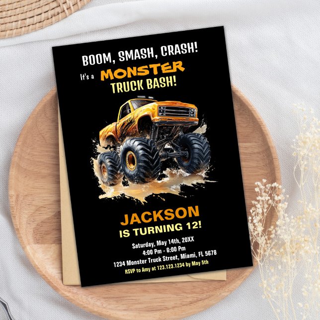 Orange Dark Monster Truck Invitations Anniversaire (Orange Dark Monster Truck Birthday Invitations)