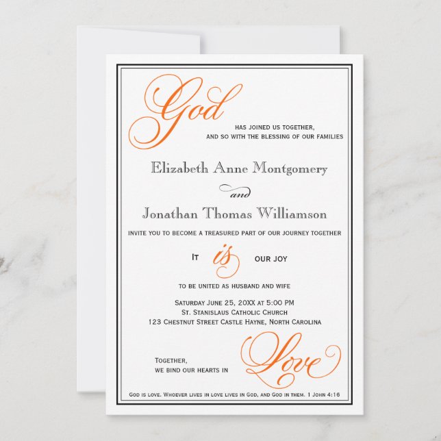 Orange Dieu est Amour Mariage chrétien Invitations (Devant)