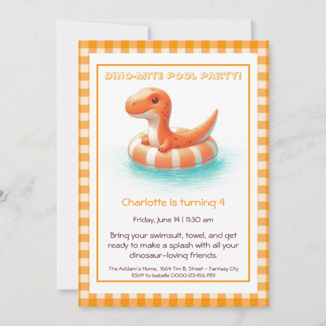 Orange Dino-Mite Anniversaire Piscine Invitation (Devant)