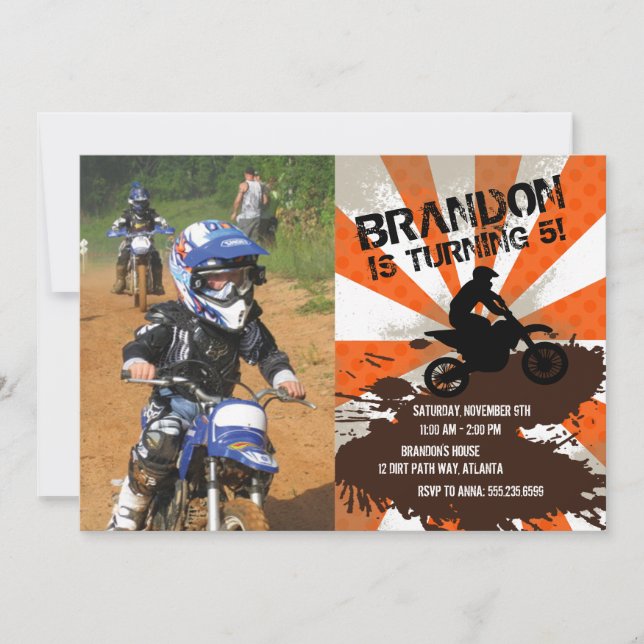 Orange Dirt Bike Invitation Anniversaire (Devant)