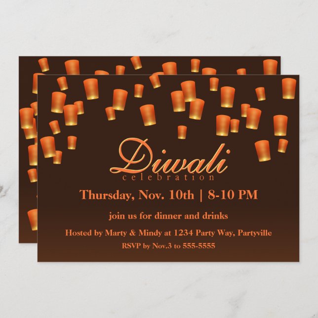 Orange Diwali Sky Lanterns Invitation (Devant / Derrière)