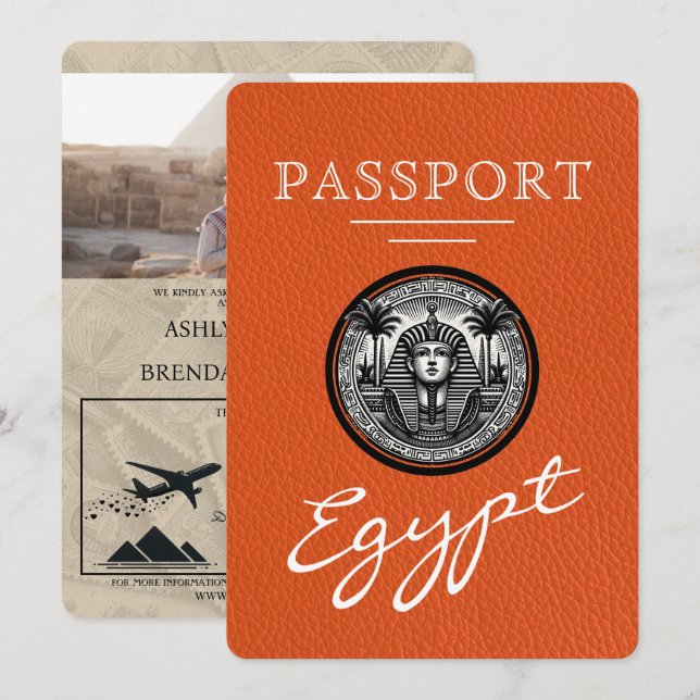 Orange Egypt Passport Wedding Invitation (Devant / Derrière)