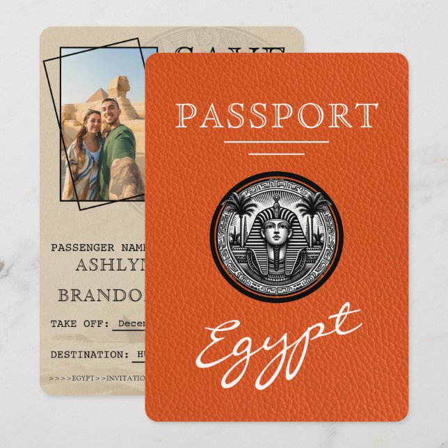 Orange Egypt Passport Wedding Save the Date (Devant / Derrière)