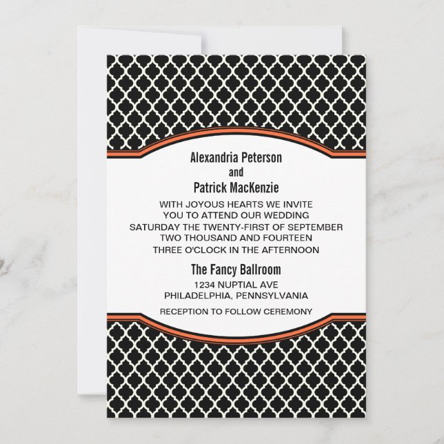 Orange Elegant Quatrefoil Wedding Invitation (Devant)