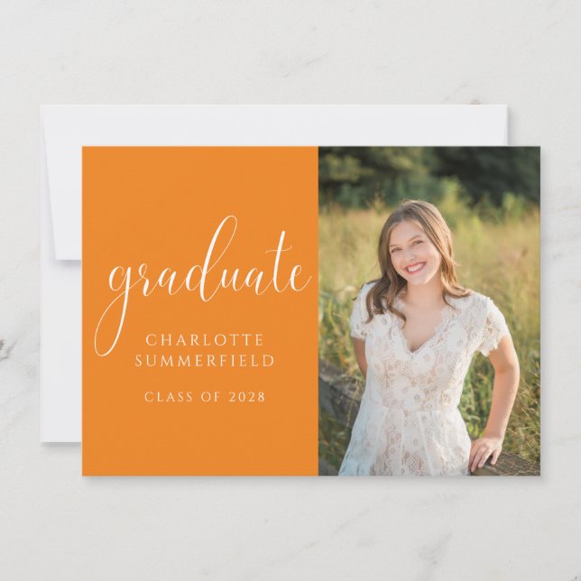Orange Elegant Script Graduation Photo Invitation (Devant)