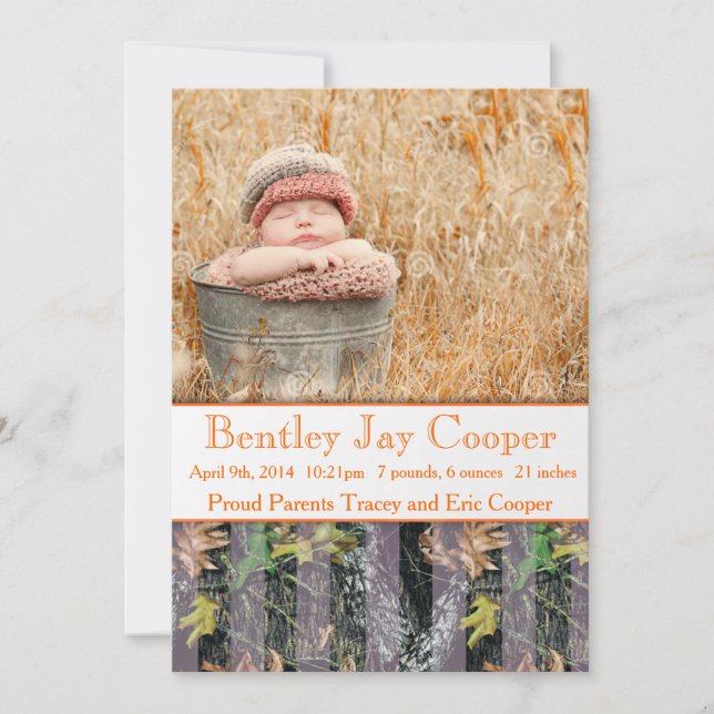 Orange et Camouflage Faire-part bébé (Devant)