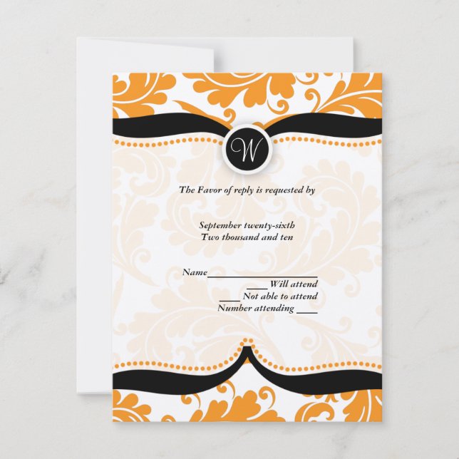 Orange et noir damassé Paisley Wedding RSVP (Devant)
