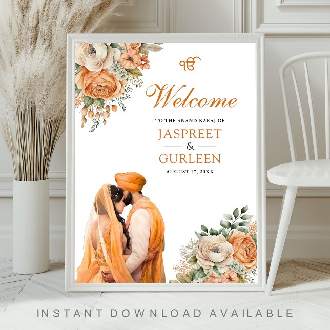 Orange Floral Anand Karaj Affiche de bienvenue Mar (Créateur téléchargé)