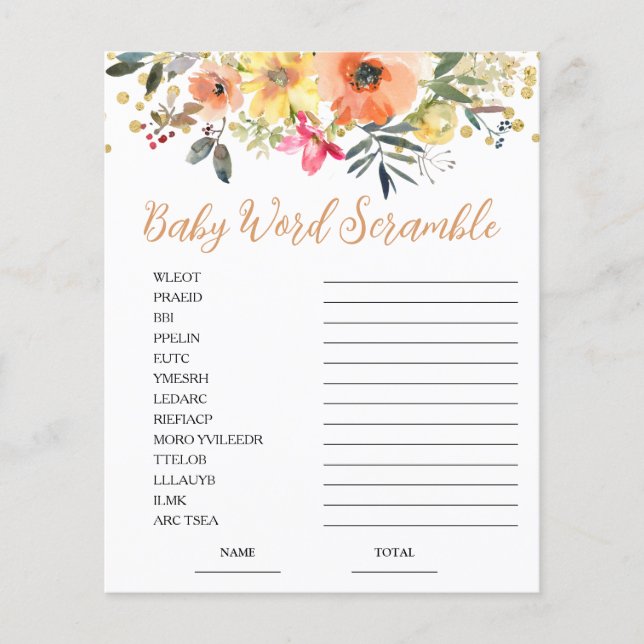 Orange Floral Mot Baby shower Jeu (Devant)