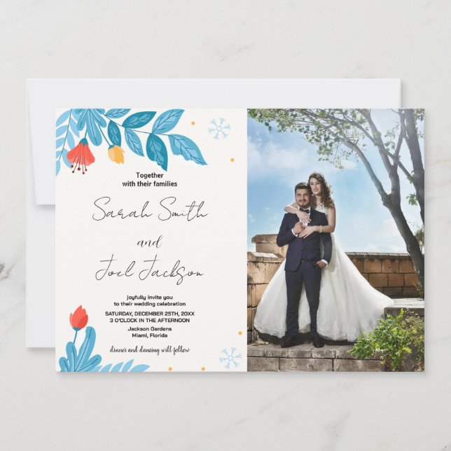 Orange Floral Neige Invitations avec photo (Devant)