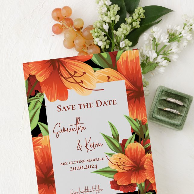 Orange Floral Rustique Boho Mariage Enregistrer La (Pretty Orange Floral Wedding Save The Date Invitation)