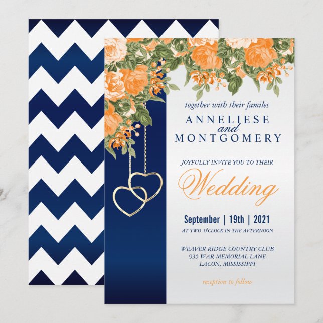 Orange Flowers et Navy Blue Invitation (Devant / Derrière)