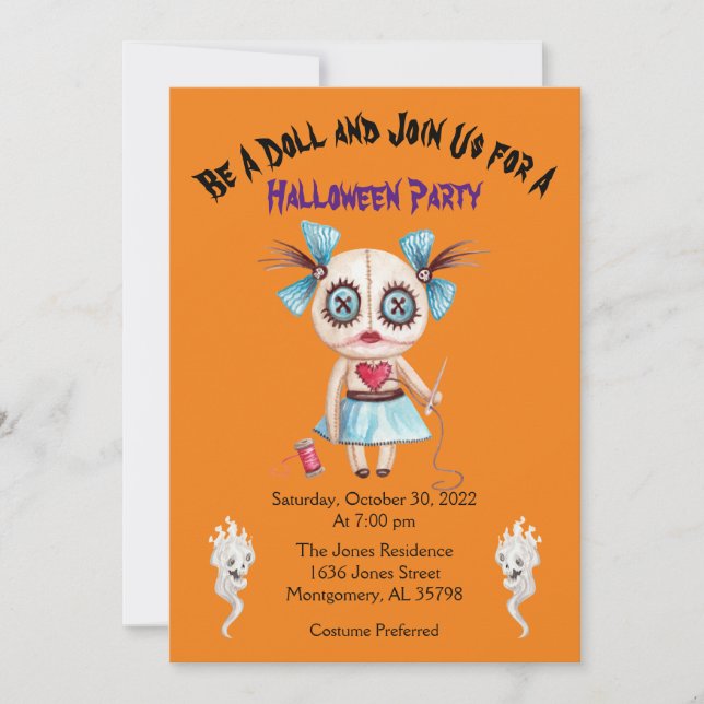 Orange Girl Voodoo Doll Halloween Party Invitation (Devant)