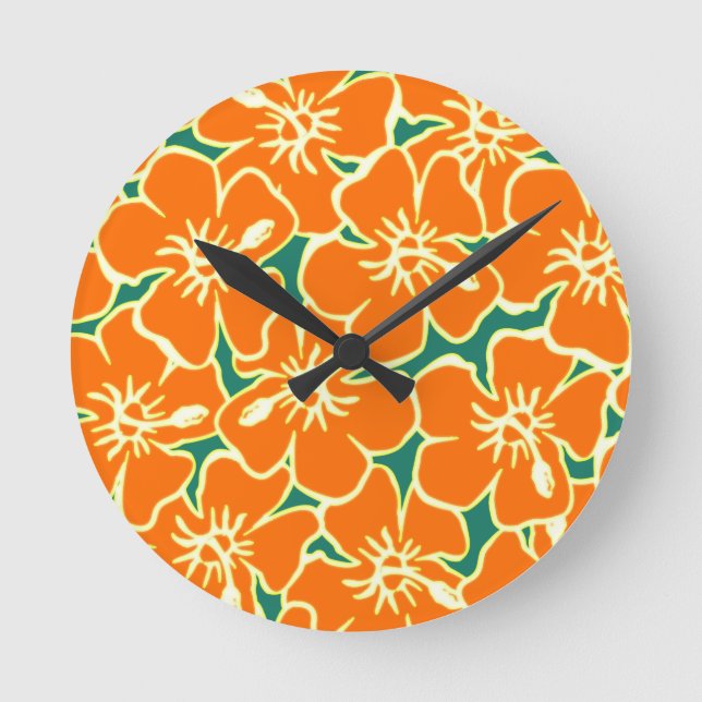 Orange Hibiscus Fleurs Tropical Horloge Hawaïenne (Recto)