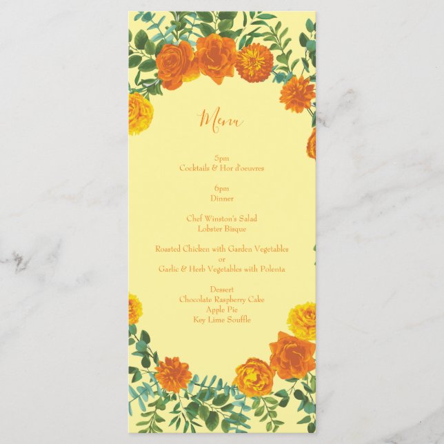 Orange & Jaune clair Peony & Mariage Rose Menu (Devant)