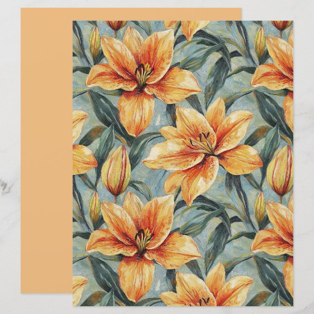 Orange Lily on Sage Green Scrapbook Paper (Devant / Derrière)
