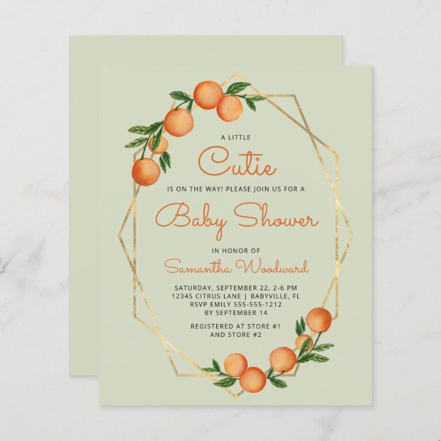 Orange Little Cutie Green Baby shower Invitation (Devant / Derrière)