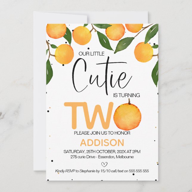 Orange Little Cutie Invitation du 2e anniversaire (Devant)