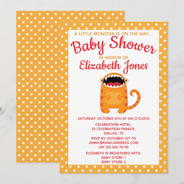 Orange Little Monster Baby shower Invitation (Devant / Derrière)