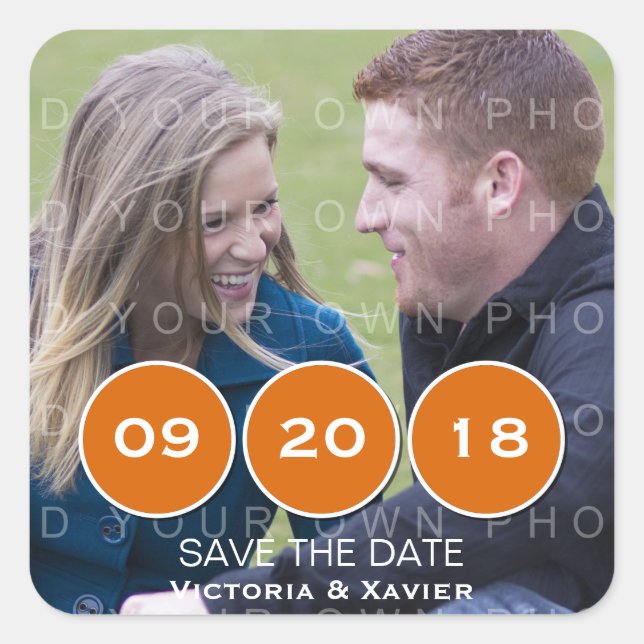 Orange Modern Circles Photo Save the Date Stickers (Devant)