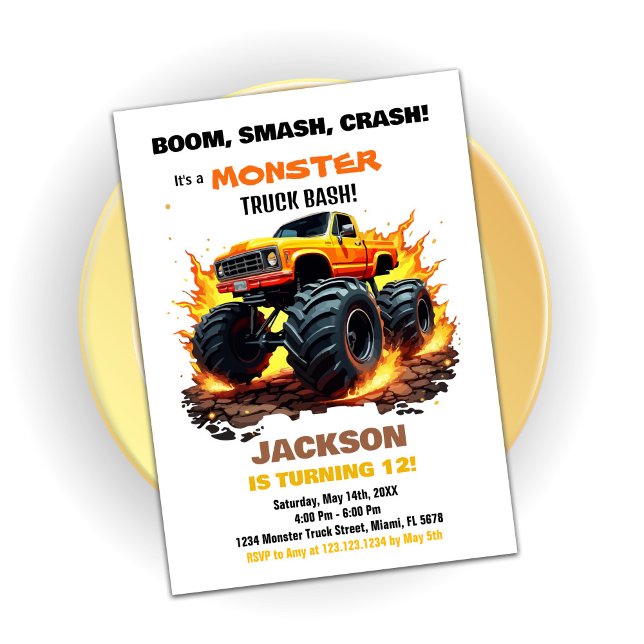 Orange Monster Truck Invitations Anniversaire (Orange Monster Truck Birthday Invitations)