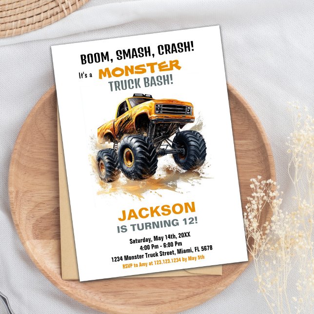 Orange Monster Truck Invitations Anniversaire (Orange Monster Truck Birthday Invitations)