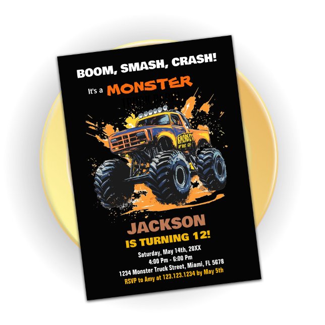 Orange Monster Truck Invitations Anniversaire Noir (Orange Monster Truck Birthday Invitations Black)