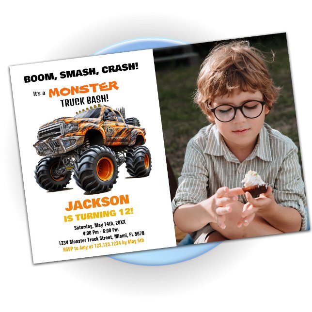 Orange Monster Truck Invitations Anniversaire Phot (Orange Monster Truck Birthday Invitations Photo)