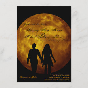Orange Moon Silhouette Couple Wedding Invitations
