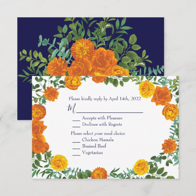 Orange & Navy Blue Peony Rose Invitation Réponse (Devant / Derrière)