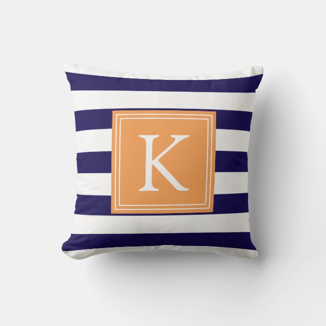 Orange & Navy Monogrammé Rayé | Coussin de jet (Recto)