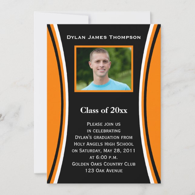 Orange, Noir, Blanc Photo Graduation Invitation (Devant)