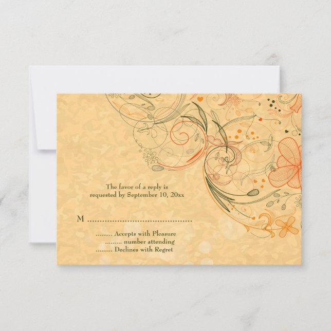 Orange & olive fleurs tourbillons mariage rsvp rép (Devant)