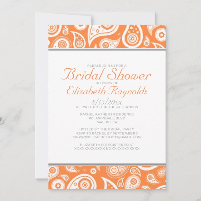 Orange Paisley Bridal Shower Invitations (Devant)