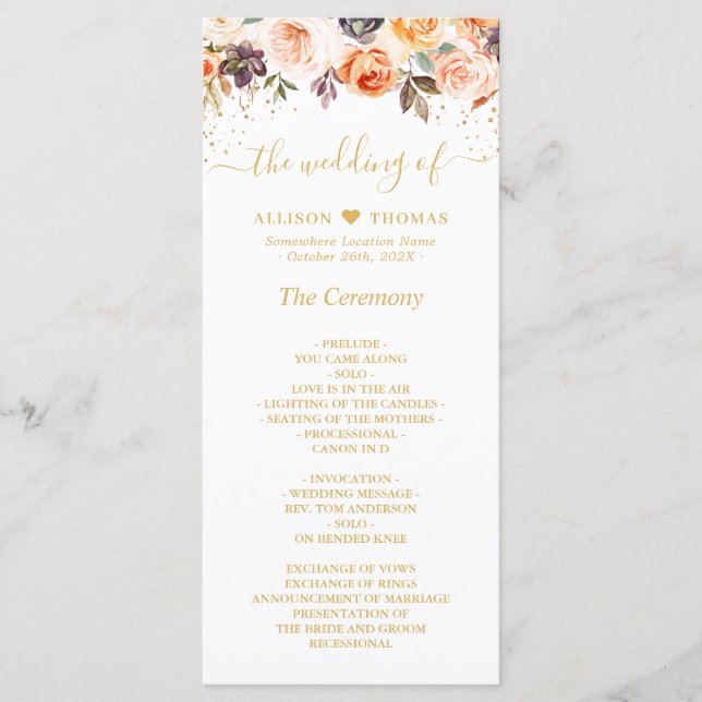 Orange Peach Automne Gold Floral Wedding Programme (Devant)