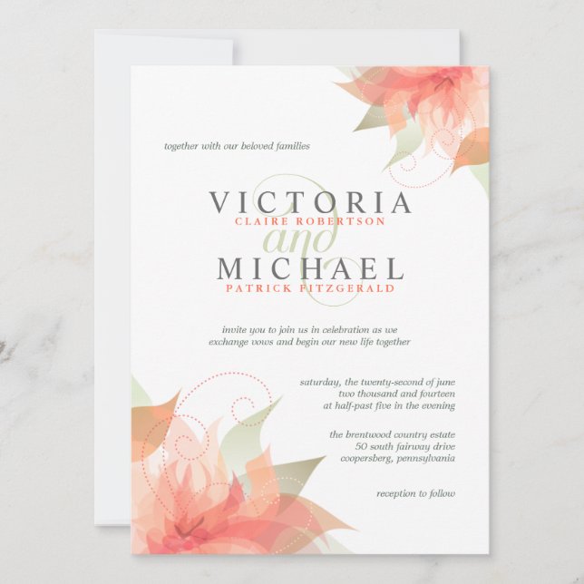 Orange Pêche Florale Invitations de mariage (Devant)