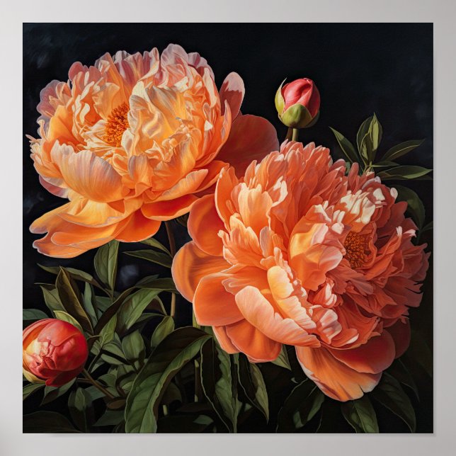Orange Peonies Flower Art Imprimer Poster (Devant)