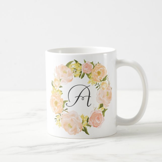 Orange Peonies Wreath Personnalisé Monogramme Mug (Droite)
