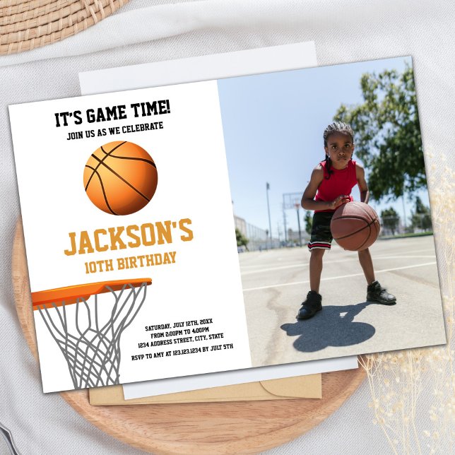 Orange Photo Basketball Ball Invitations Anniversa (Orange Photo Basketball Ball Birthday Invitations)