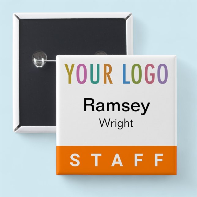 Orange Pinback Staff Badge Event Logo Nom du Carré (MISOOK Orange 2 x 2 inch Staff Name Badge Square Button)