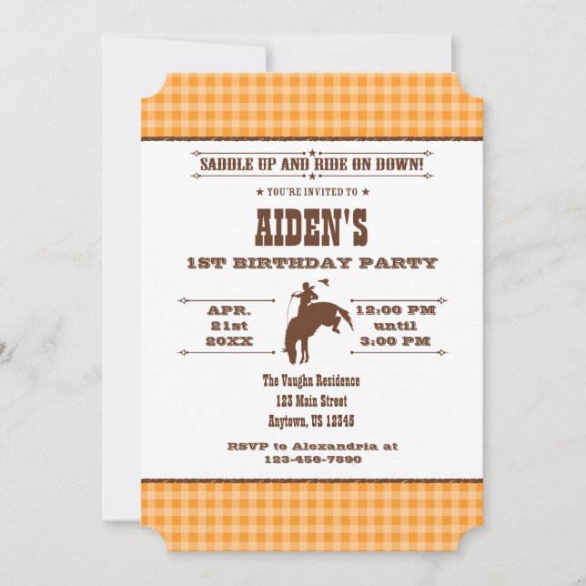 Orange Plaid Cowboy Rodeo Anniversaire Invitation (Devant)