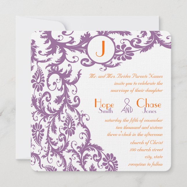 Orange Plum Damask Faire-part de mariage (Devant)